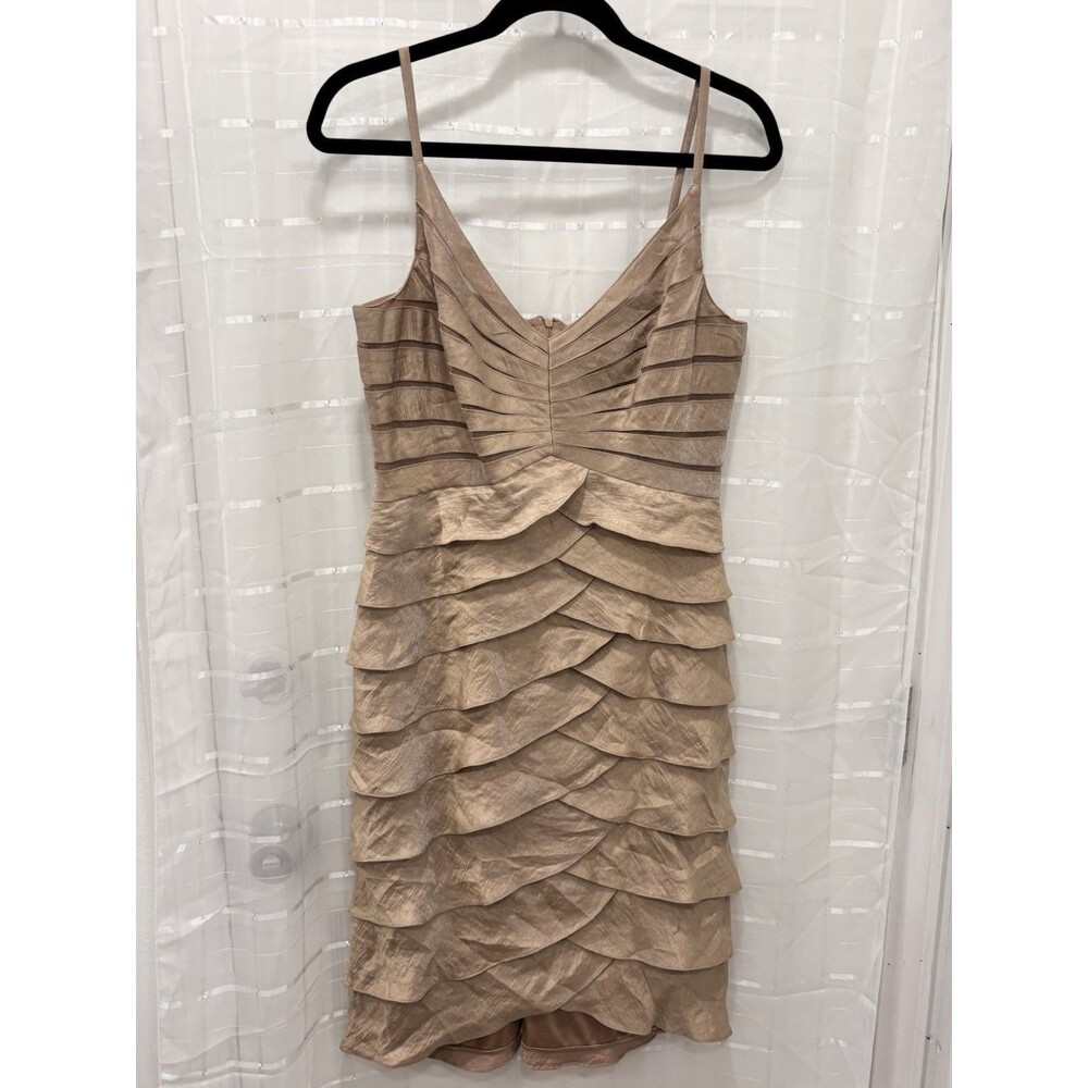 Adrianna Papell Champagne Tiered Ruffle Cocktail‎ Dress Spaghetti Strap Size 12